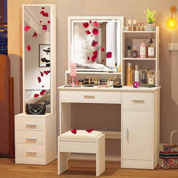 INTERGREAT Makeup Vanity with Lights and Mirror, White Vanity Desk, Dressing Table with Large Drawers, 3 Lighting Modes, Full Length Mirror, Bedroom