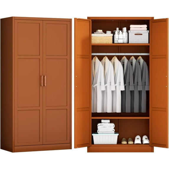 INTERGREAT Metal Armoire Wardrobe Closet with Doors, 71'' Wardrobe Cabinet with Hanging Rod, Armoire with Shelves, Tall Clothing Storage Cabinet for Bedroom, Brown