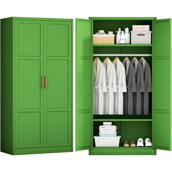 INTERGREAT Metal Armoire Wardrobe Closet with Doors, 71'' Wardrobe Cabinet with Hanging Rod, Armoire with Shelves, Tall Clothing Storage Cabinet for Bedroom, Green
