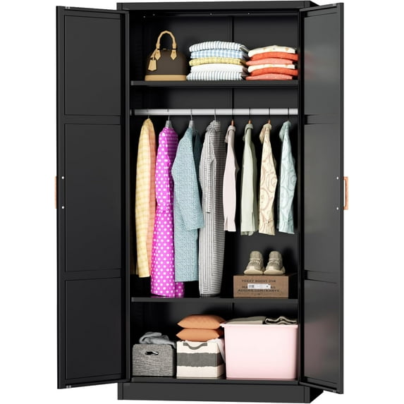 INTERGREAT Metal Armoire Wardrobe Closet, Storage Cabinet with Hanging Rod, 70.8" H Wardrobe Closet with Doors, Metal Storage Cabinets for Bedroom/Office/Garage (Black)
