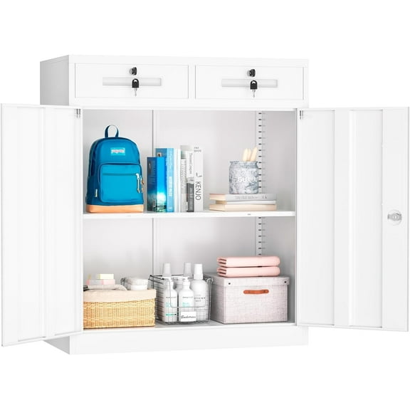 INTERGREAT Metal Garage Storage Cabinet, 36" Locking Counter Cabinet with 2 Locking Doors and 2 Adjustable Shelves, Small Steel Cabinet for for Home Office, Gym, School(White)