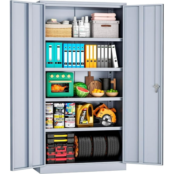 INTERGREAT Metal Garage Storage Cabinet with Lock, 72" Storage Cabinet with Locking Doors and 4 Adjustable Shelves, Lockable Steel Tool Cabinet for Home Office, School, Cement Grey