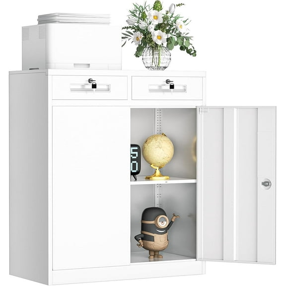INTERGREAT Metal Storage Cabinet with 2 Drawers,36" White Metal Cabinets with Doors and Shelves, Garage Cabinet with Lock for Home Office, Garage, School, Apartment,Warehouse