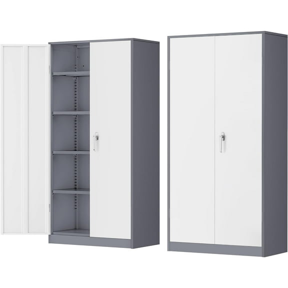 INTERGREAT Metal Storage Cabinet Doors, 72" Locking Steel Storage Cabinet with Shelves, Tall Lockable Steel Cabinets for Home Office, Garage(New Grey)