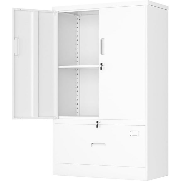 INTERGREAT Metal Storage Cabinet with Drawer,52" H*32" W*16" D File Cabinets,Steel Locking Storage Cabinet with Doors and Shelves for Home,Office,Garage,School,Fit A4/Letter/Legal File (White)