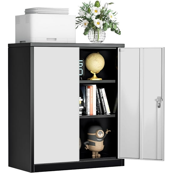 INTERGREAT Metal Storage Cabinets with Lock, 36" Lockable Storage Cabinet with 2 Locking Doors and 2 Adjustable Shelves, Small Steel Cabinet for Home, Warehouse, Garage(Black Grey)