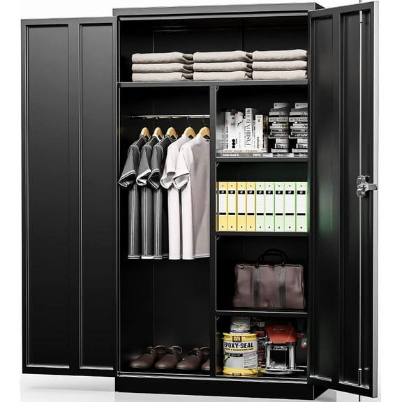 INTERGREAT Metal Wardrobe Cabinets with Lock, 72" Clothing Storage Cabinets with Hanging Rod and 4 Adjustable Shelves, Armoire Wardrobe for Office, School, Employee, Government (Black)