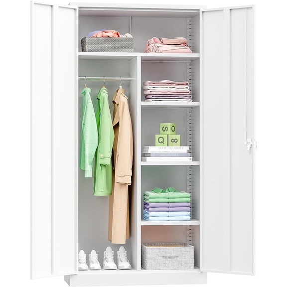 INTERGREAT Metal Wardrobe Closet, 72" Locking Storage Wardrobe Cabinet with Doors and Shelves, 18" D x 36" W Steel Clothes Storage Cabinets for Office, Home, School, Gym(White)