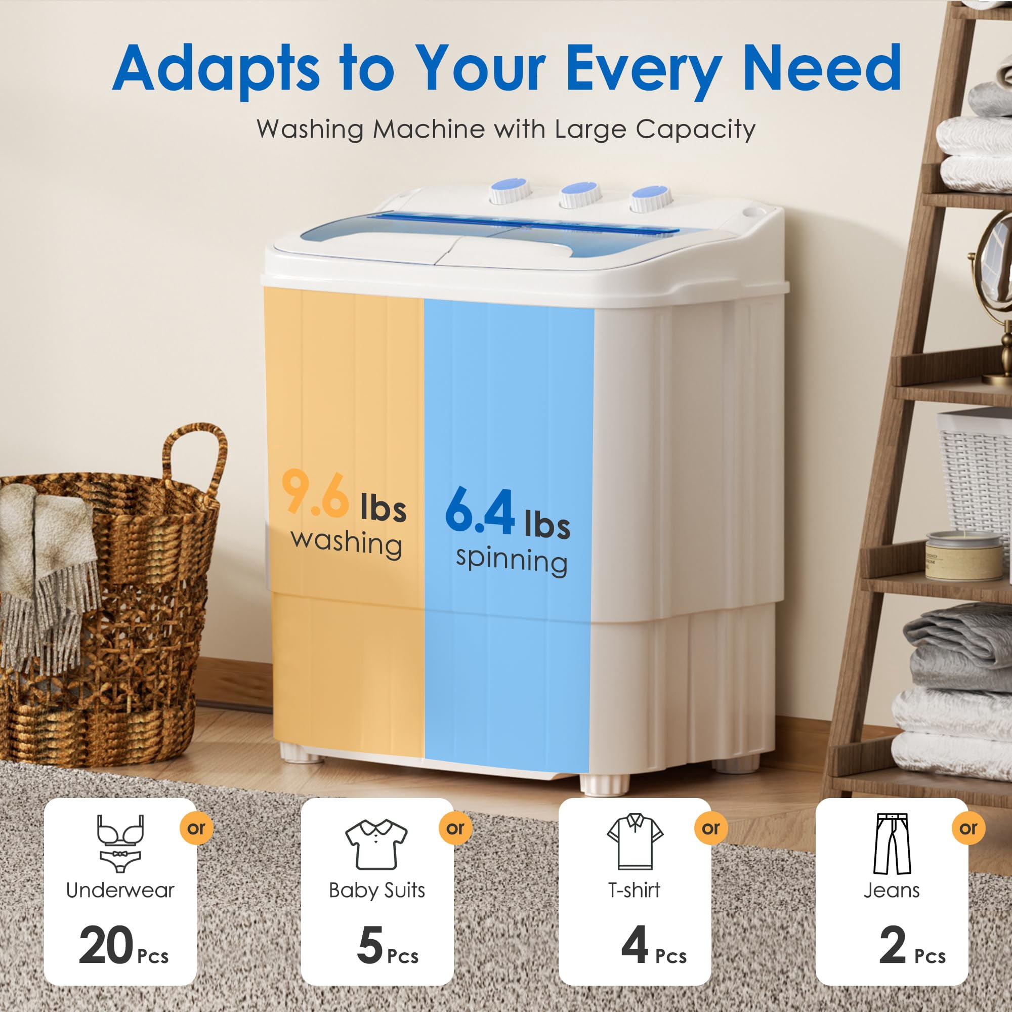 INTERGREAT Portable Washer and Dryer, 16 lbs Twin Tub Mini Laundry Machine, Compact Washer with Spin Dryer for Apartment Dorm RV Camping, Blue