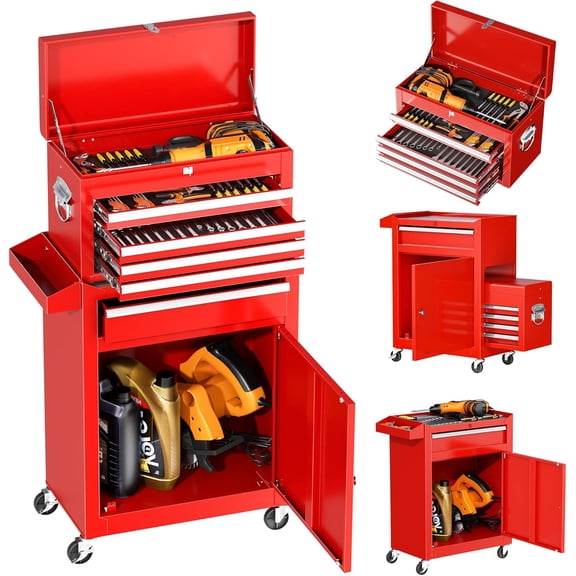 INTERGREAT Rolling Tool Chest, 5-Drawer Tool Box Organizer w/Lockable Wheels & Sliding Drawers & Detachable Top, Tool Storage Cabinet for Garage Workshop (Red)