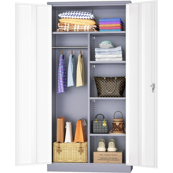 INTERGREAT Wardrobe Cabinets with Locking Doors and Shelves, Clothing Locker 72“ X 36“ X 18“ Storage Cabinets for Home Room, School, Employee,Gym (Gray White)