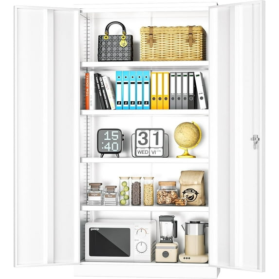INTERGREAT White Metal Storage Cabinet Doors, 72" Locking Steel Storage Cabinet with Shelves, Tall Metal Cabinet Lockable Steel Cabinets for Home Office