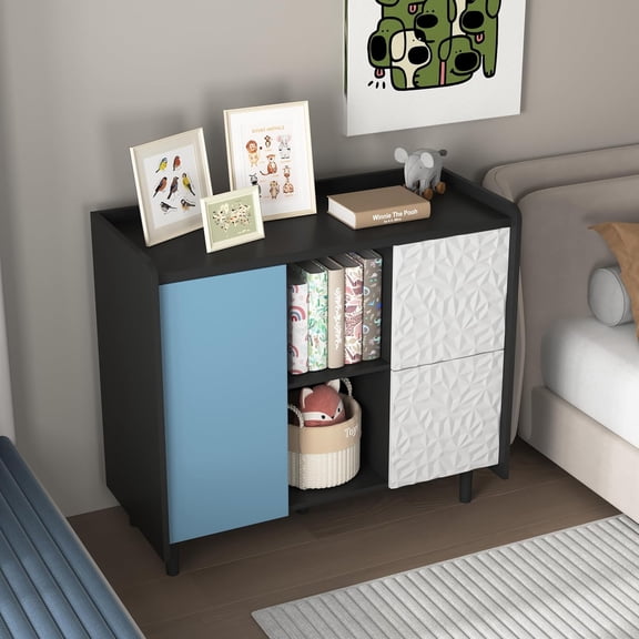 INTERHOMART 35" Small Sideboard Storage Cabinet with Storage, Storage Cabinet with Adjustable Shelf, 2 Drawers, 1 Blue Door, Modern Coffee Bar Cabinet for Dining Room, Living Room