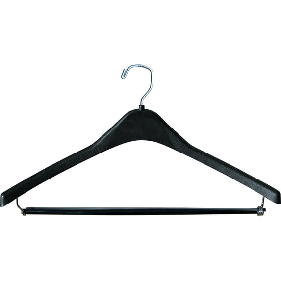 INTERNATIONAL HANGER Heavy-Duty 1/2 inch Wide Contour Black Plastic Suit Hanger with Locking Bar, 50 Pack