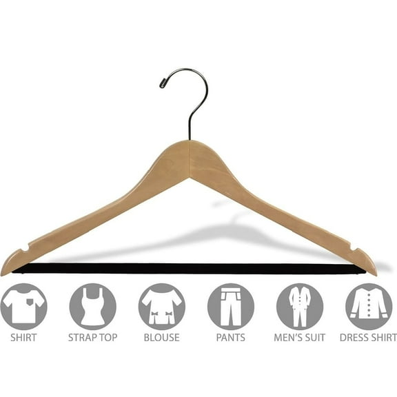 INTERNATIONAL HANGER Natural Wood Suit Hanger with Non-Slip Bar for Tops, Pants or Dresses, 50 Pack