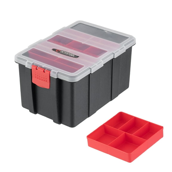INTERTOOL First Aid & Crafts Storage Box, 4 QT, Multipurpose Plastic Organizer Case, Removable 5 Compartment Tray, Tool & Sewing Tackle Box, Secure Latch BX08-4041