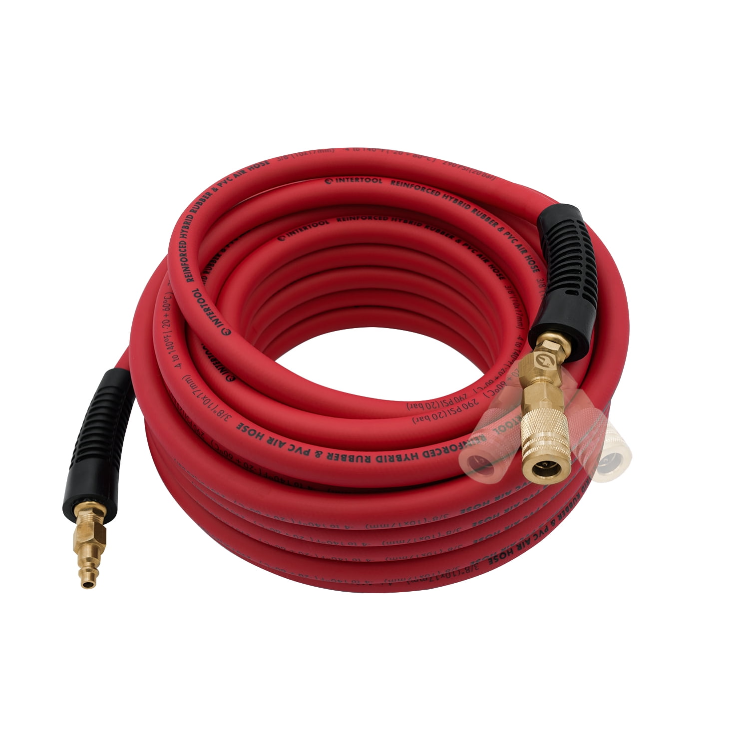 INTERTOOL Hybrid Air Hose 3/8-Inch x 50 Feet, Heavy Duty Reinforced Lining, Lightweight Flexibility, All-Weather Kink Resistance, 1/4-Inch MNPT, Brass Fittings, Plug, Quick Coupler PT08-1782