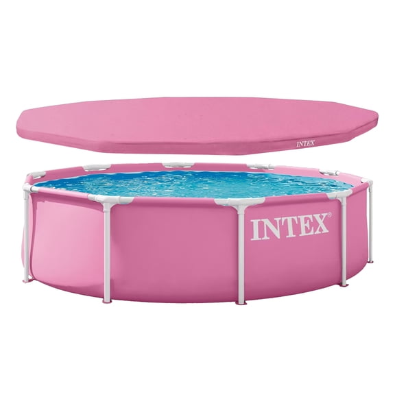 INTEX 10' x 30" Metal Frame Above Ground Swimming Pool Bundled with Round Cover, Pink