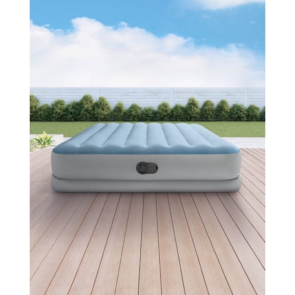 INTEX 64159E Dura-Beam Plus Mid-Rise Air Mattress: Fiber-Tech ? Queen Size ? Built-in USB Electric Pump ? 14in Bed Height ? 600lb Weight Capacity