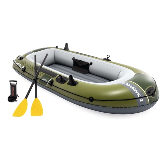 INTEX 66332EP Seahawk 2 Inflatable Boat Set with 48" Oars, Pump, & Fishing Rod Holders