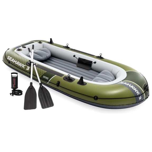 INTEX 66333EP Seahawk 3 Inflatable Boat Set with 54" Oars, Pump, & Fishing Rod Holders