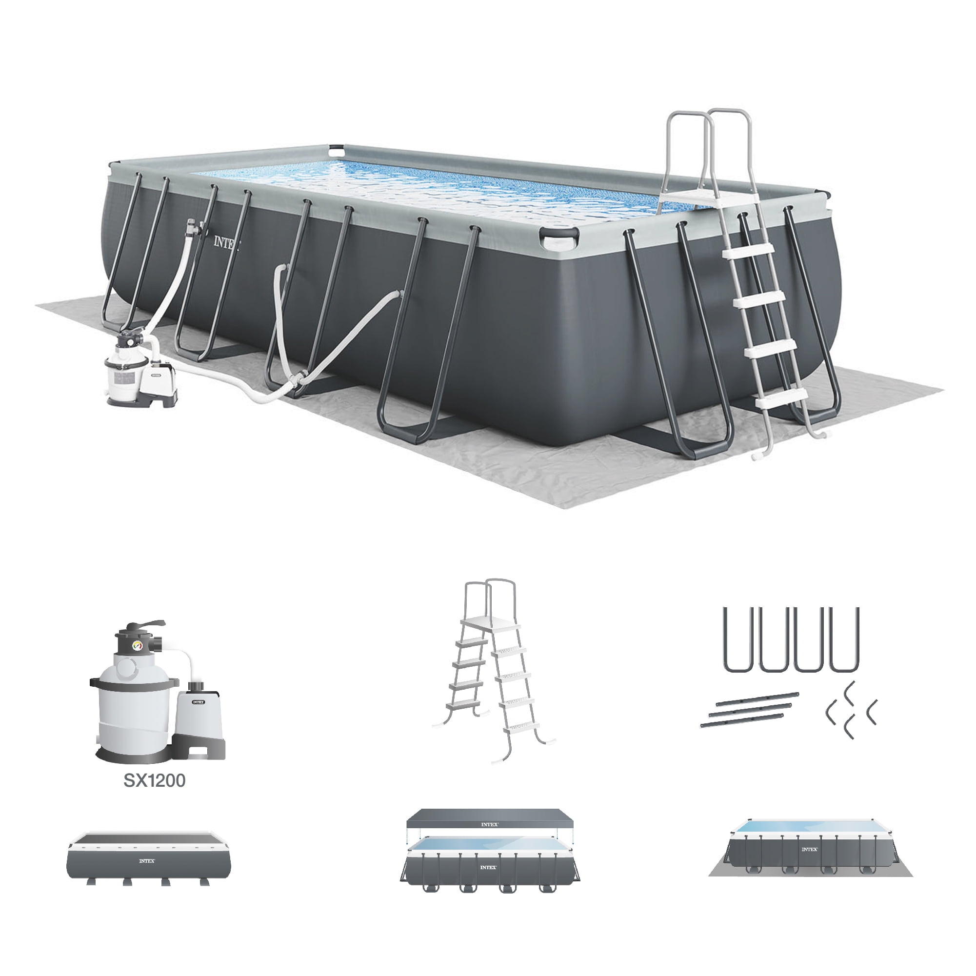 Intex 18' x 9' x 52" Gray Rectangular Pool with Sand Filter Pump
