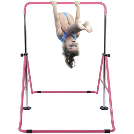 INTEY Expandable Gymnastics Bars,Adjustable Height Gymnastic Horizontal Bars,Junior Training Bar Children Folding Training Monkey Bars for Kids, Pink