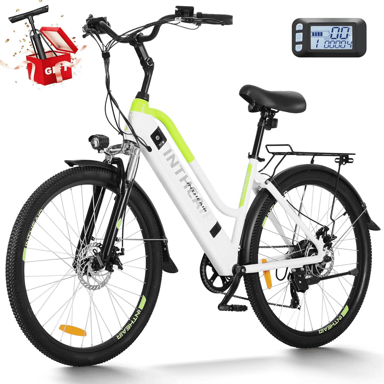 INTHEAIR Adult Electric Commuting Bicycles 500W Ebike, 26" E-bike, 36V 10Ah Removable Battery ELectric Bike for Adults UL2849，White