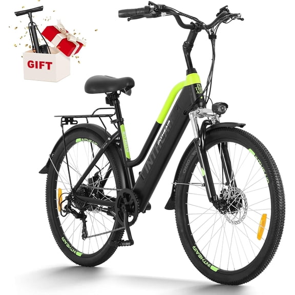 INTHEAIR Electric bicycle for Adult 26" Durable Tire, Peak 500W Motor Ebike，Shimano 21-Speed Gears,Max 20mph, All-Terrain E-Bike for Snow, Beach & Mountain，Blackgreen