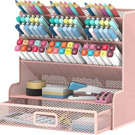 INTIGE 10 Compartment Metal Mesh Desktop Organizer with Drawer, Pen Holder, Pink, 1 Pcs