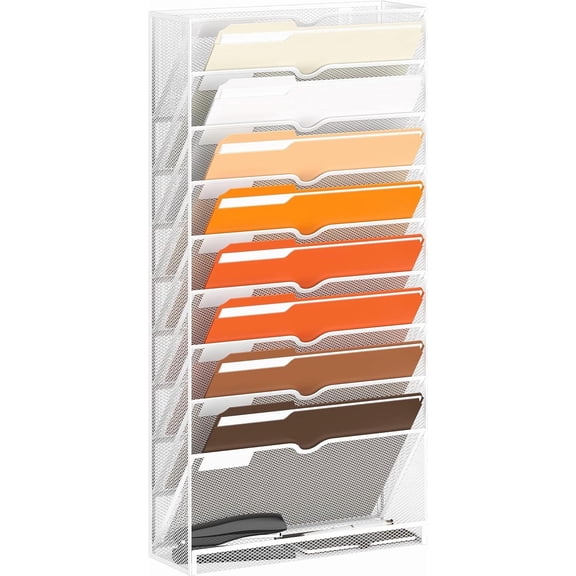 INTIGE 10-Tier Hanging Wall File Holder for Papers, Desktop Magazine Organization for Office, White