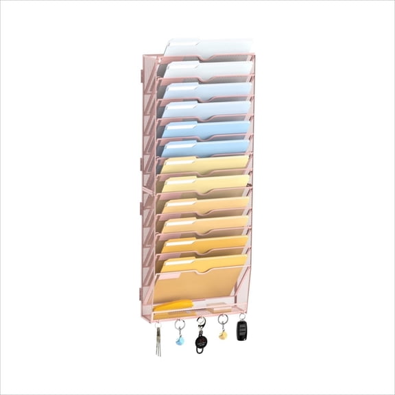 INTIGE 13-Tier Metal Wall File Organizer with Hooks, Hanging Paper Organizer, Pink, Screw Mount
