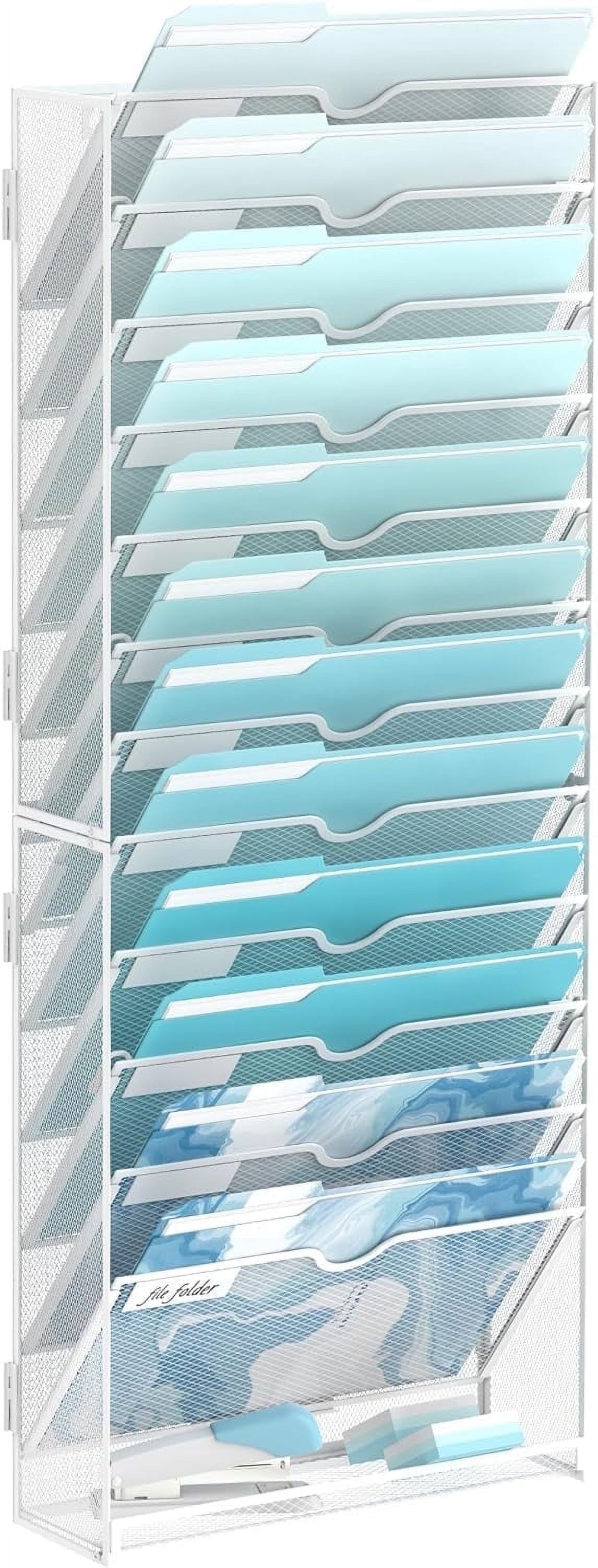 INTIGE 13-Tier Wall File Organizer, Metal Hanging Mounted Paper Rack, White, Screw Installation
