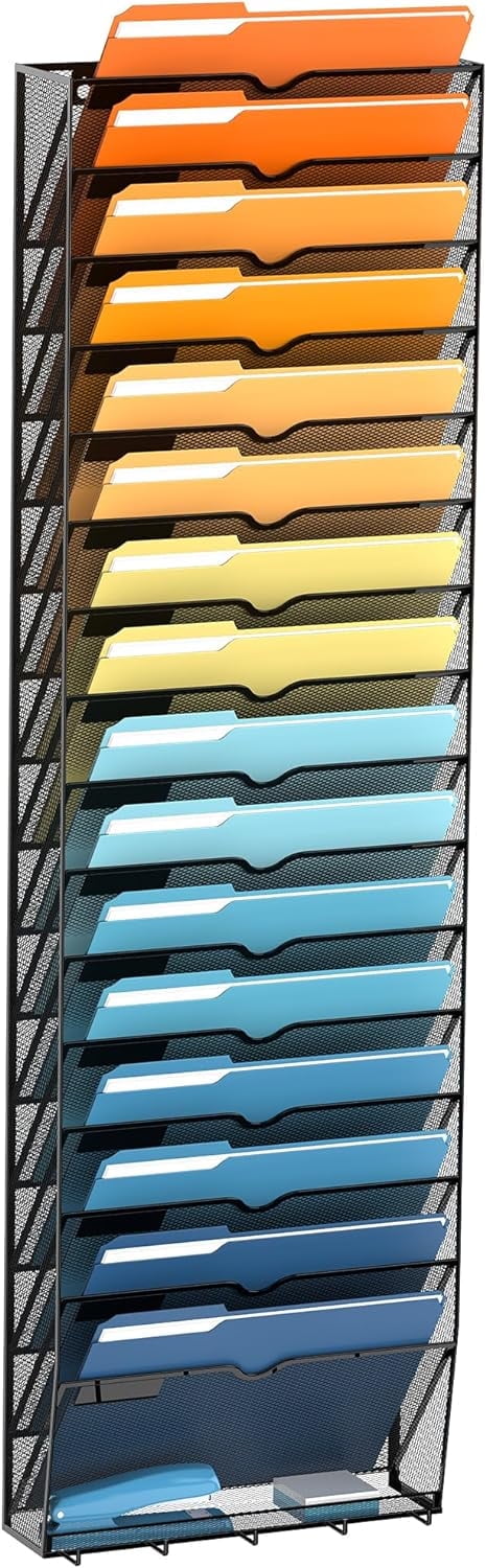 INTIGE 17-Tier Wall Mounted File Folder Rack with Hooks, Mesh Magazine Organizer, Black