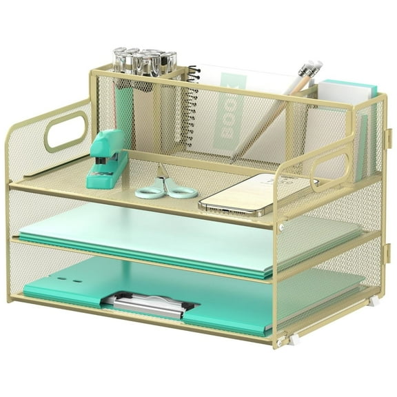 INTIGE 3-Tier Metal Mesh Desk Organizer with 3 Pen Holders, Paper Organizer with Handle, Yellow, 1 Pack