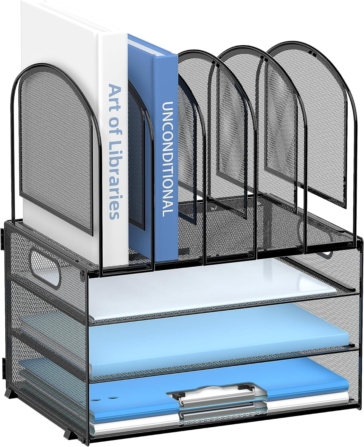 INTIGE Desk Organizer with Vertical File Holder, 3 Tier Desktop Organizer with 5 File Folder Holders and Handles, Metal Mesh File Organizers and Accessories for Home Office Organization