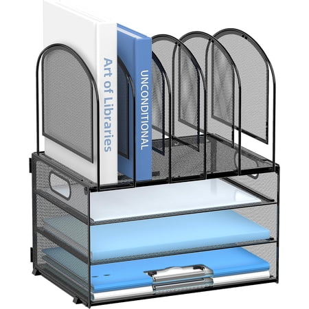 INTIGE Desk Organizer with Vertical File Holder, 3 Tier Desktop Organizer with 5 File Folder Holders and Handles, Metal Mesh File Organizers and Accessories for Home Office Organization