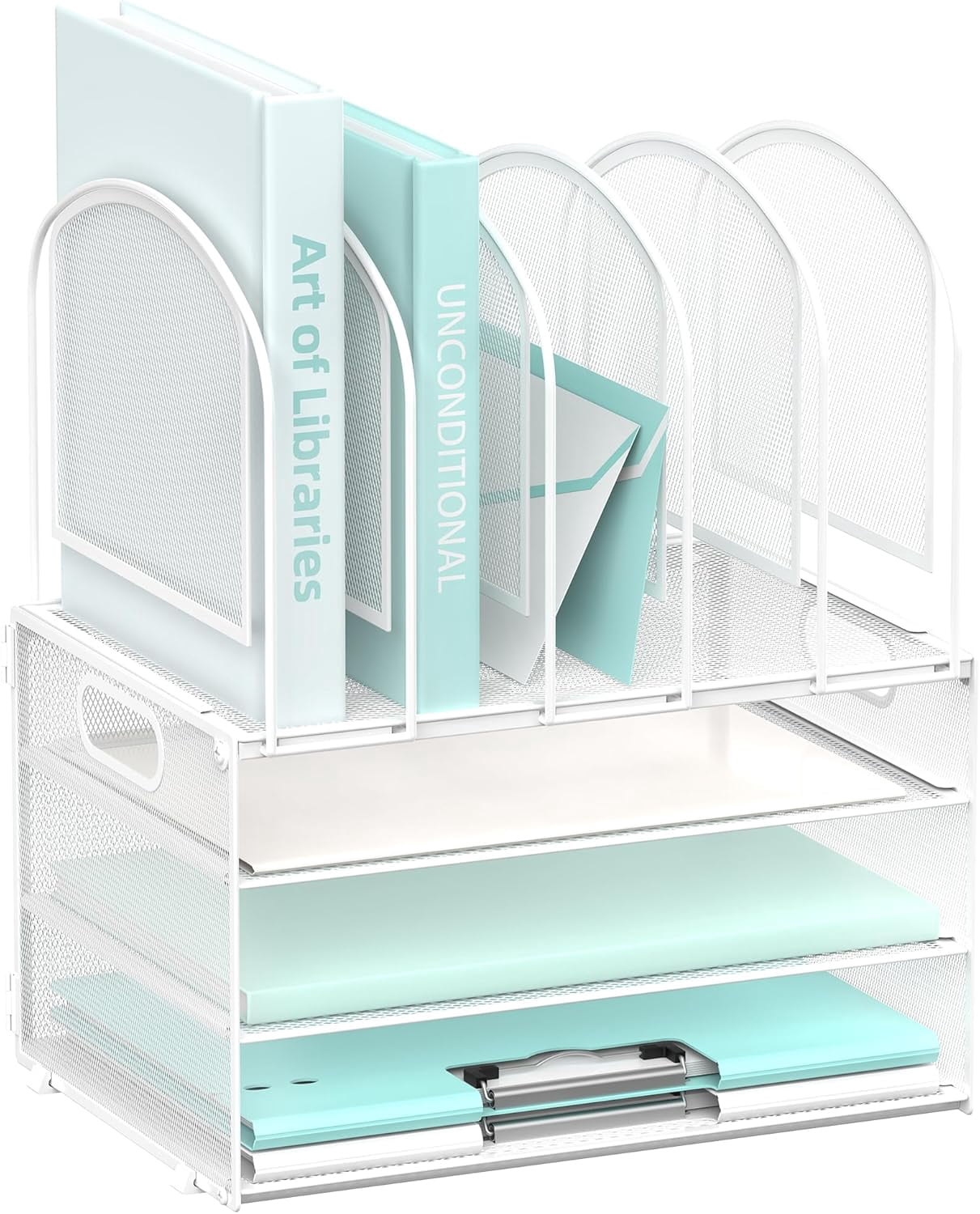 INTIGE Desk Organizer with Vertical File Holder, 3 Tier Desktop Organizer with 5 File Folder Holders and Handles, Metal Mesh File Organizers and Accessories for Home Office Organization