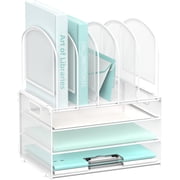 INTIGE Desk Organizer with Vertical File Holder, 3 Tier Desktop Organizer with 5 File Folder Holders and Handles, Metal Mesh File Organizers and Accessories for