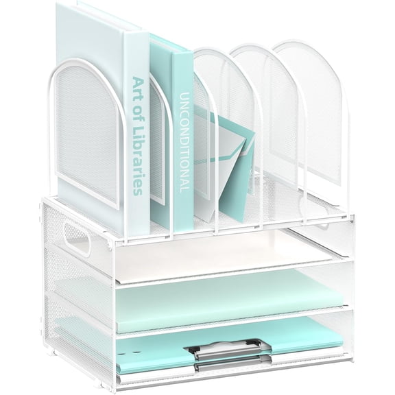 INTIGE Desk Organizer with Vertical File Holder, 3 Tier Desktop Organizer with 5 File Folder Holders and Handles, Metal Mesh File Organizers and Accessories for Home Office Organization