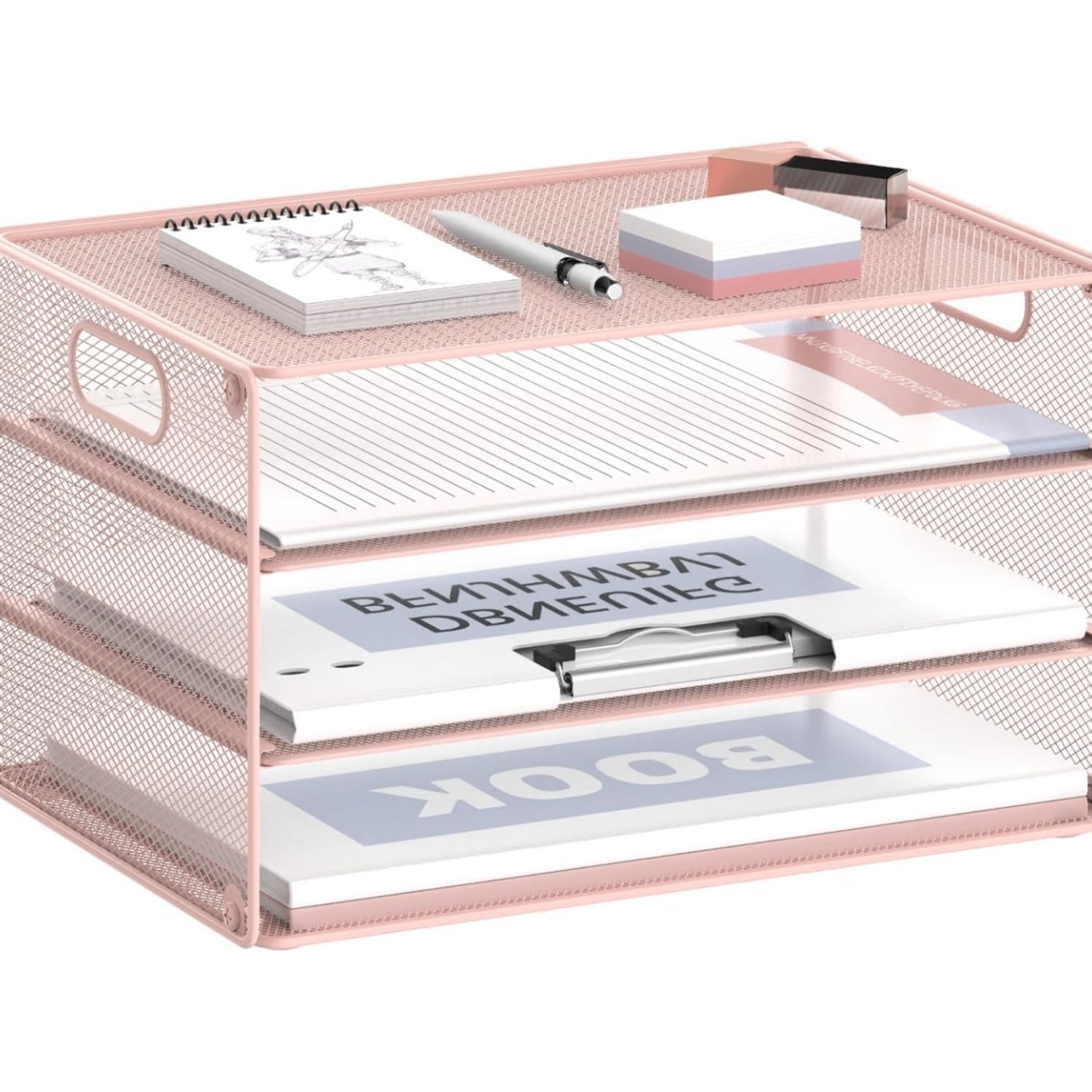 INTIGE 3-Tier Metal File Organizer with Handles, Desktop Storage Cabinet for Home, Office, Pink