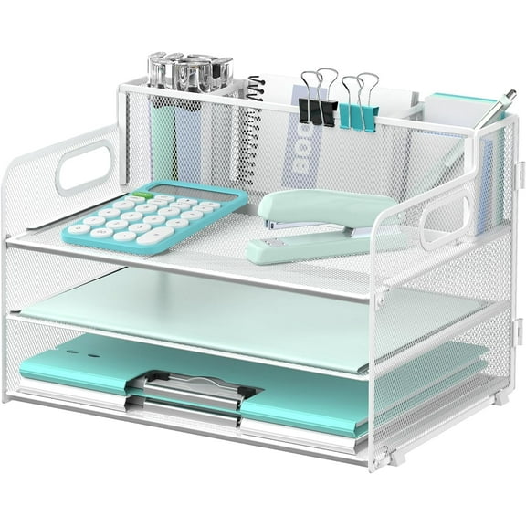 INTIGE 3 Tier Letter Size Desk Organizer with Handle and 3 Pen Holders, White, 1 Piece