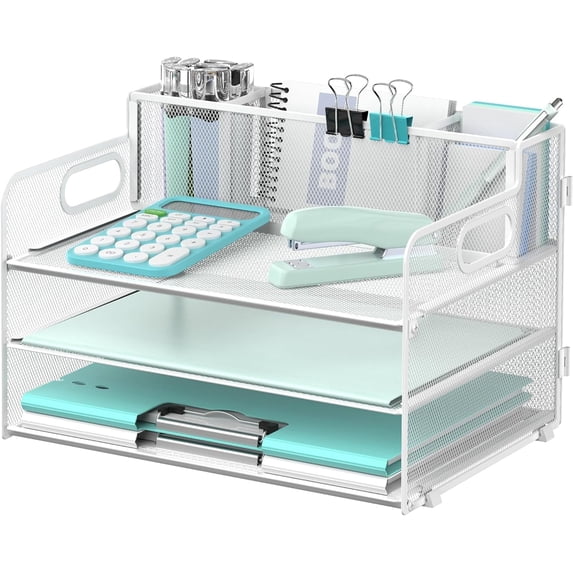 INTIGE 3 Tier Letter Size Desk Organizer with Handle and 3 Pen Holders, White, 1 Piece