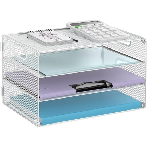 INTIGE 3 Tier Letter Tray Paper Organizer with Handle, Mesh Desk Organizer for Office Home, White