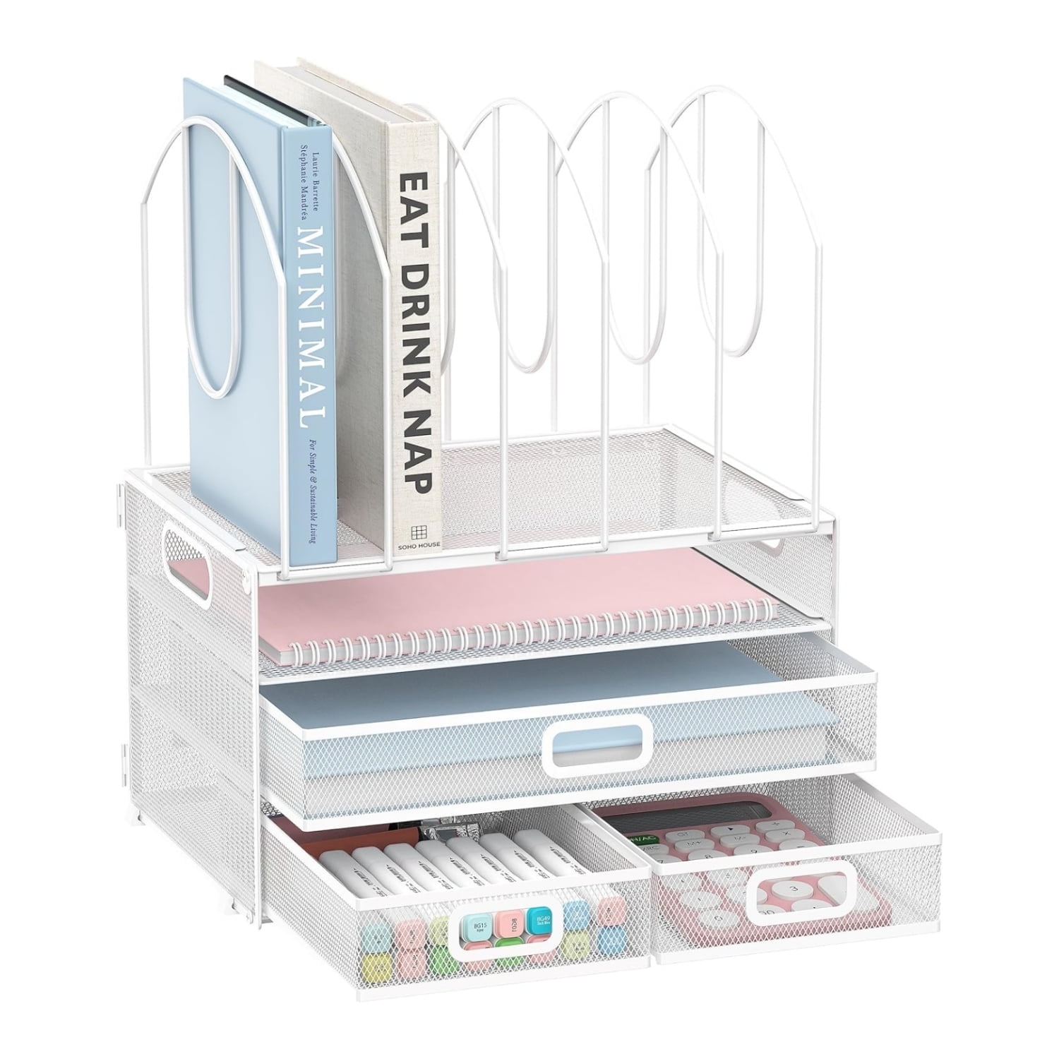 INTIGE 3 Tier Metal Desk Organizer with 3 Sliding Drawers, 5 Upright Sections, File Organizer, White