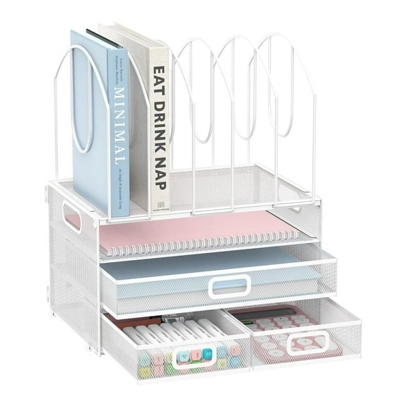 INTIGE 3 Tier Metal Desk Organizer with 3 Sliding Drawers, 5 Upright Sections, File Organizer, White