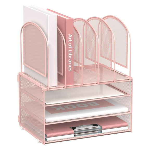 INTIGE 3 Tier Metal Desktop Folder Organizer with 5 Vertical File Shelves, Paper Organizer, Pink, 1 Piece
