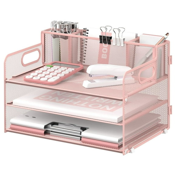 INTIGE 3 Tier Metal Mesh Desk Organizer with 3 Pen Holders and Handle, Paper Organizer, Pink, 1 Pcs