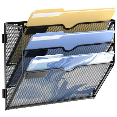 INTIGE 3 Tier Metal Wall File Holder, Hanging File Organizer for Papers & Folders, Black