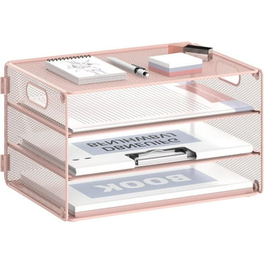 INTIGE 3-Tier Tray Paper Organizer with Handle, Desk File Organizer, Pink